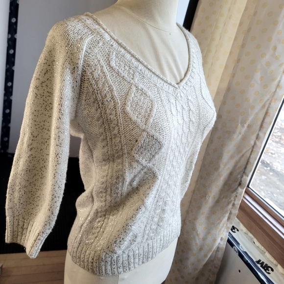 Silver speckled cable-knit v-neck sweater, Dynamite sz small - Picture 1 of 8